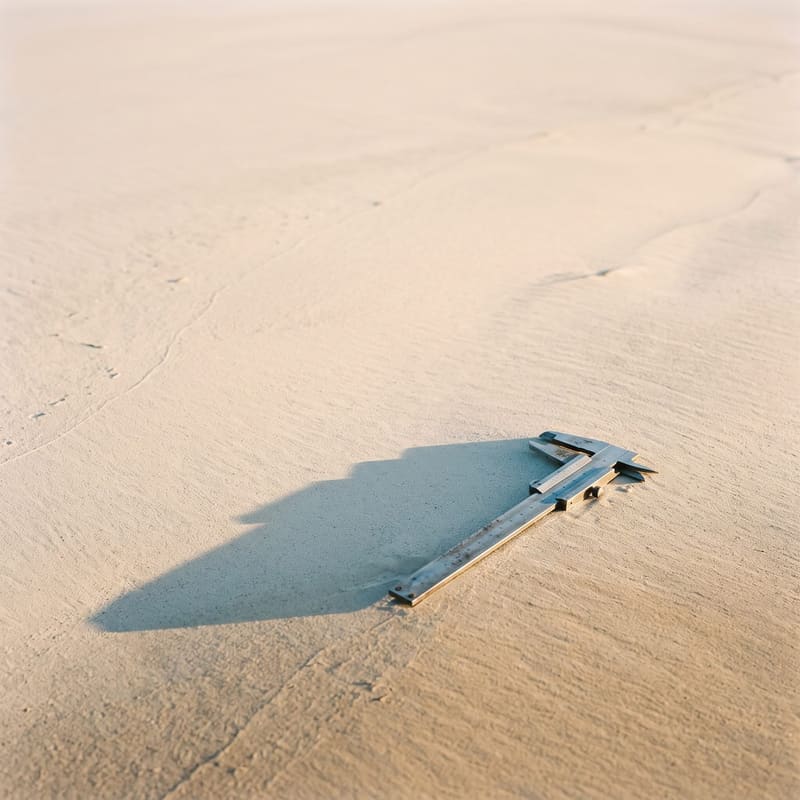 A steel vernier caliper on sand at dawn