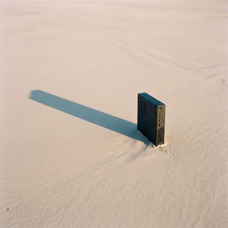 A desktop computer standing on sand at dawn